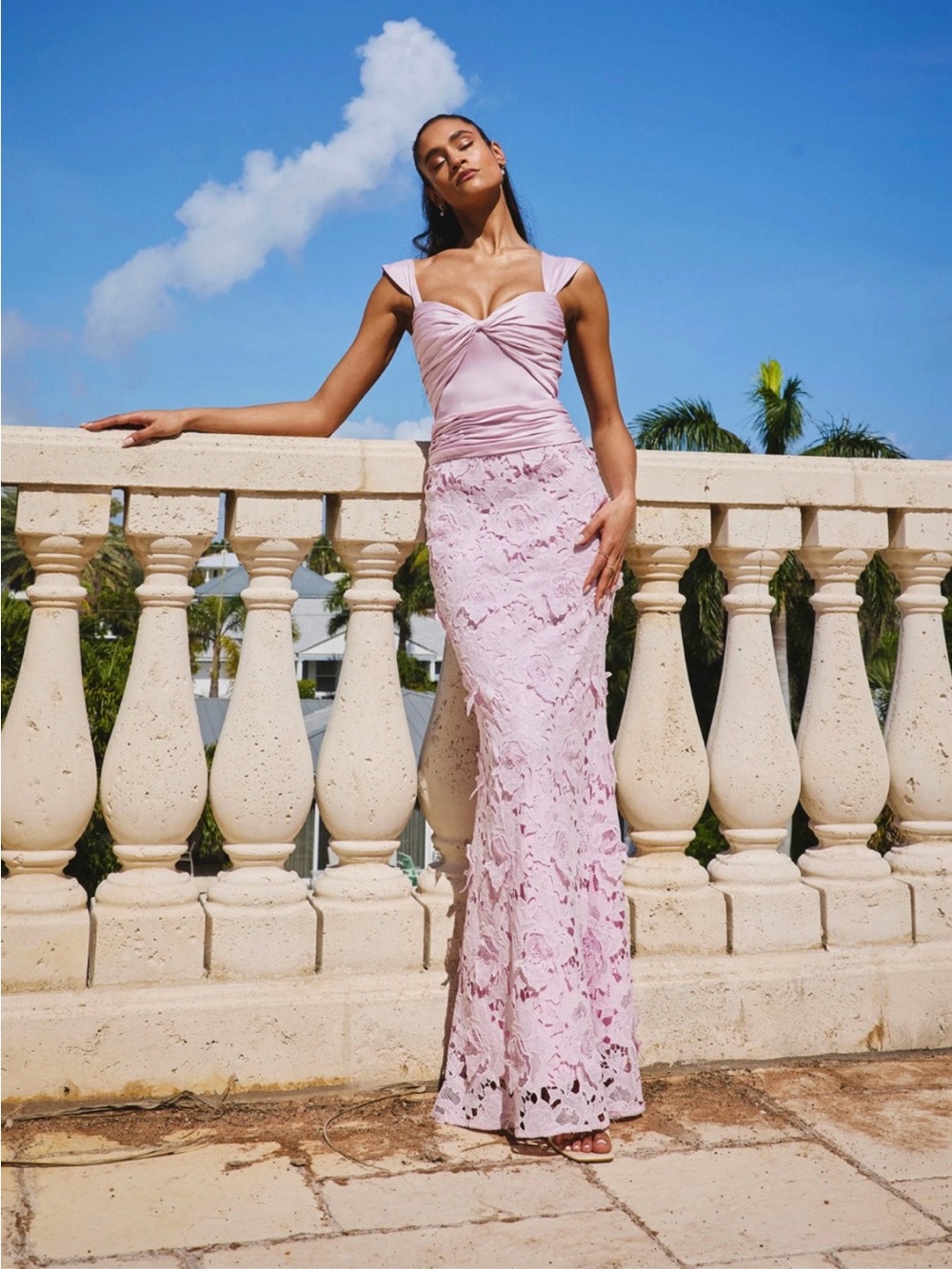 Miss Circle Lilac Lace Maxi Dress with Satin Twist Front Bodice